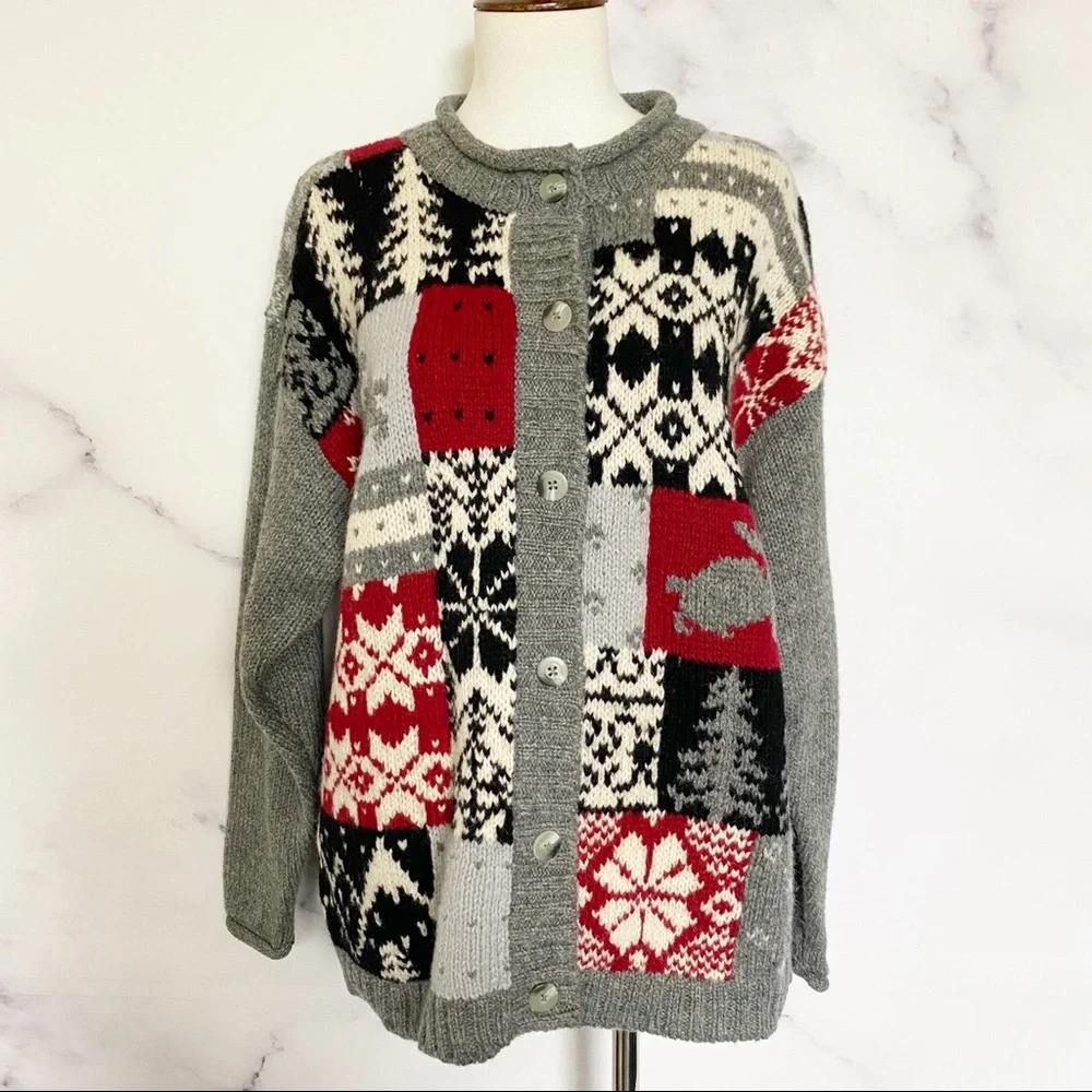 Vintage‎ Eddie Bauer Nordic Print Winter Scene 100% Wool Cardigan